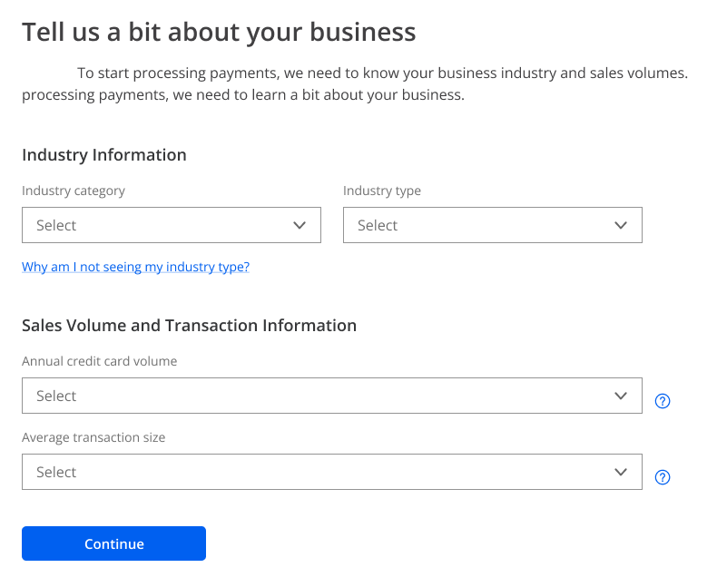 An example of how to implement collecting information on the industry, sales volume, and transaction size into your own UIs based on WePay's implementation