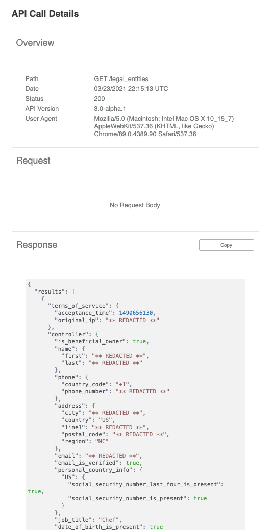 View the details of an API request in the API log