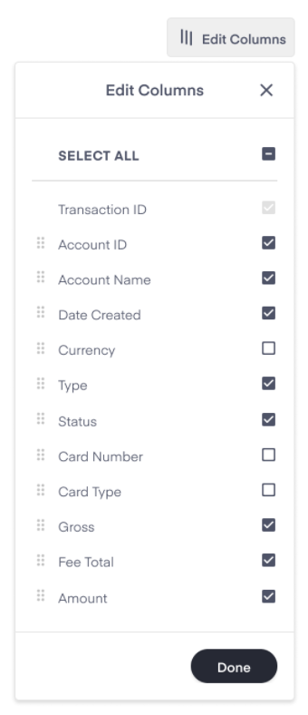 How to edit report columns in WePay's Partner Center.