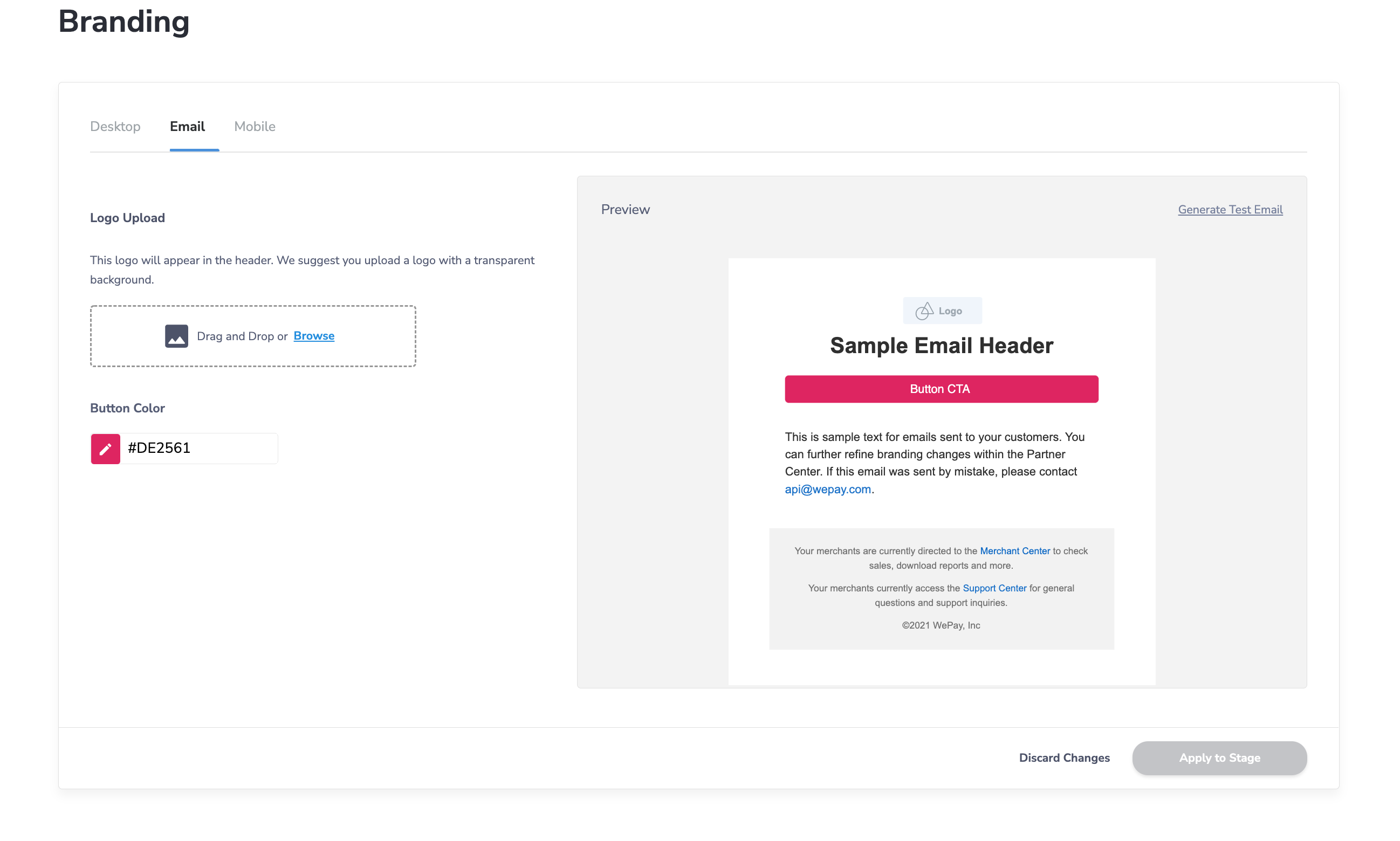 An example of previewing your branding colors and logo on WePay-owned emails in Partner Center