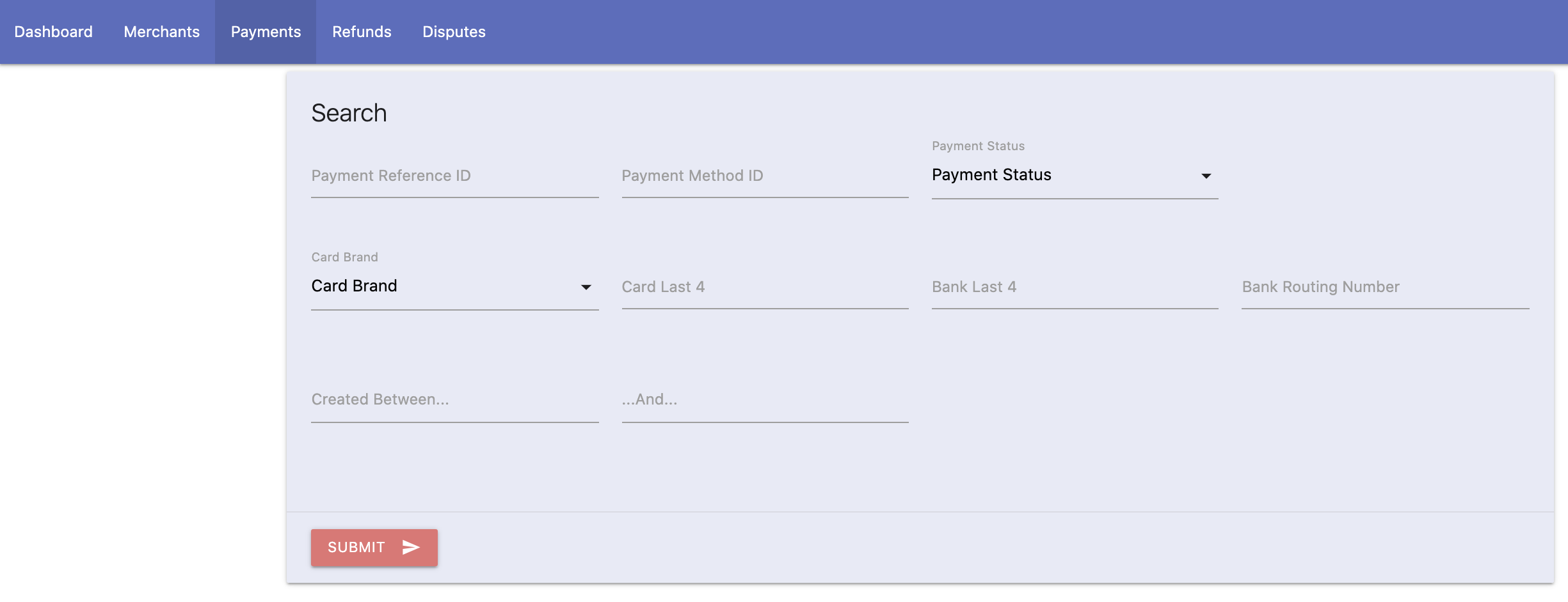 An example custom interface for your employees to search payments across your mercants.
